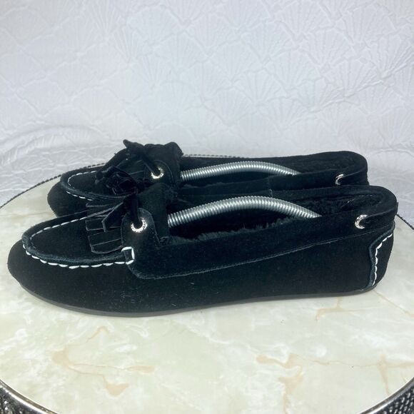 Sperry Top Sider Fur Lined Loafer 8 Black Leather Cozy Lounge Lagenlook Moccasin - Picture 6 of 12